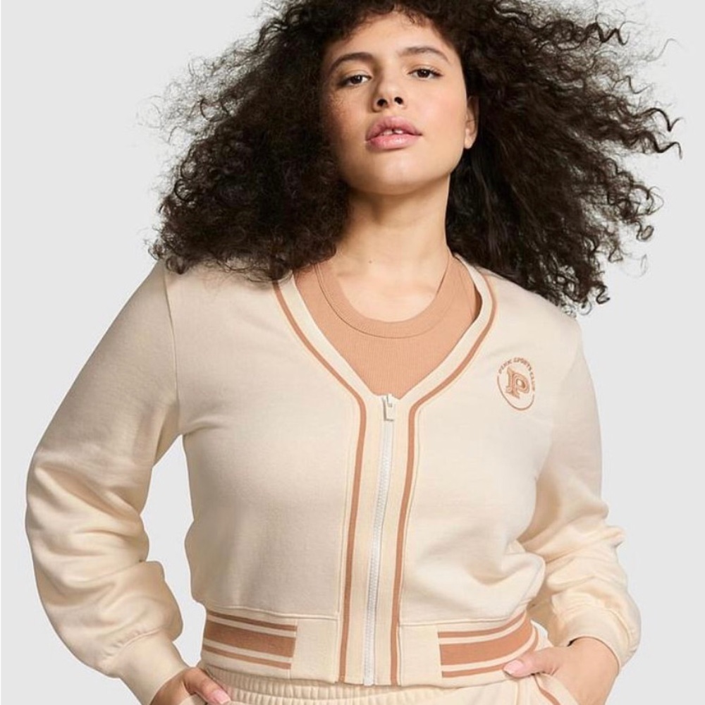 Victoria Secret Pink nwt  Cream Zip-Front Bomber Jacket with Tan Contrast Trim